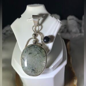 STERLING SILVER RUTILATED QUARTZ BLACK ONYX VINTAGE PENDANT